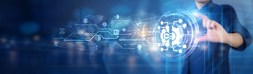Businessman holds driven network connecting icon representing machine learning processes, data analysis solutions, decision-making systems, and automated predictive models for an optimized business.