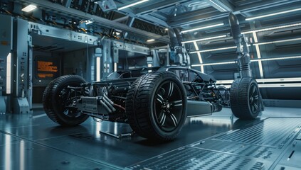 Fototapeta premium Futuristic Black Car in a Sci-Fi Garage