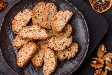 Freshly baked Italian cantuccini cookies with nuts and candied fruits