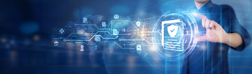 Businessman holds policy implementation network connecting icon to ensure systematic operations,...