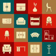 Set Coat stand, Shelf with books, Dressing table, Vase, Armchair, Chest of drawers, Wardrobe and Bunk bed icon. Vector