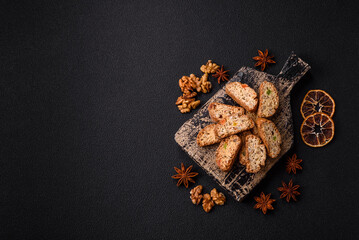 Freshly baked Italian cantuccini cookies with nuts and candied fruits
