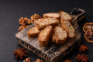 Freshly baked Italian cantuccini cookies with nuts and candied fruits