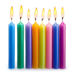 Multicolored Hanukkah candles in rows, isolated on a clean white background.