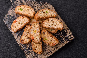 Freshly baked Italian cantuccini cookies with nuts and candied fruits