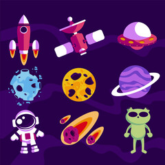 Cosmic Cartoon Adventure: A vibrant collection of space-themed cartoon icons, including a rocket, satellite, planets, asteroids, an astronaut, and an alien, set against a deep purple backdrop.