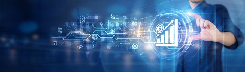 Increase Sales. Businessman hold digital technology network connecting icon to increase sales, enhancing business opportunities, streamlining operations, and providing innovative solutions.