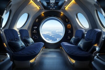 Futuristic dark blue spaceship interior with window view of planet earth in 3d rendering