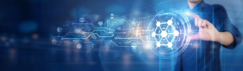 Nanotechnology. Businessman holds a nanotechnology-powered network connecting icon, enabling...