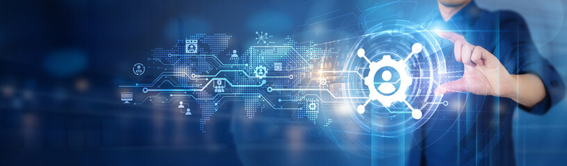 Network Administration. Businessman holds a digital network connecting icon representing modern...