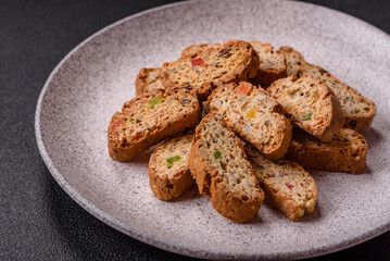 Freshly baked Italian cantuccini cookies with nuts and candied fruits