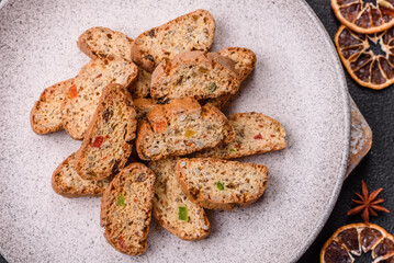 Freshly baked Italian cantuccini cookies with nuts and candied fruits