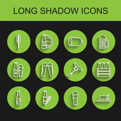 Set line Beer bottle, Cereals set with rice, wheat, corn, oats, rye, barley, Glass of beer, Oktoberfest hat, Pack bottles and Sausage on the fork icon. Vector