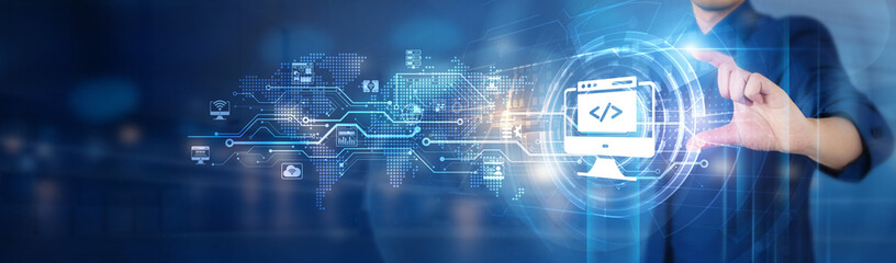 Web Development. Businessman hold responsive web network connecting icon frontend design...
