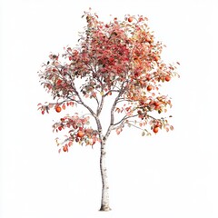 Fototapeta premium A slender apple tree with a smooth trunk, autumnal red and orange leaves, and scattered ripe apples isolated on a white background