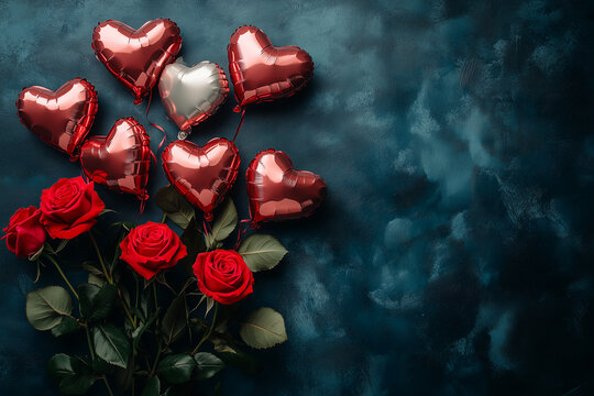 Balony w kształcie serc i czerwone r&oacute;że - kartka Walentynkowa