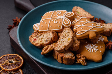 Christmas cantuccini cookies with nuts and candied fruits, gingerbread