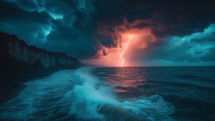 Fototapeta premium thunderstorm at sea weather phenomenon waves breakage near the sea in bad weather landscape beautiful shot