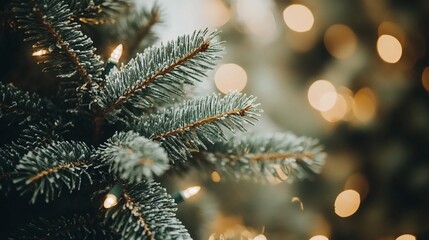 Snowy Christmas tree branch, lights bokeh. Holiday card, website
