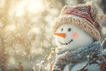 Winter Snowman Portrait with Hat and Scarf Against Snowy Natural Background, ideal for winter holiday and festive season designs