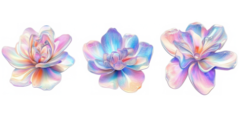 Colorful Abstract purple 3d fluid metallic holographic colored shape png cutout transparent background blossoms displaying unique petal patterns and colors 