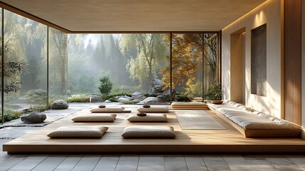 Zen Meditation Room Highlighting Peaceful Atmosphere With Scenic Garden Photo