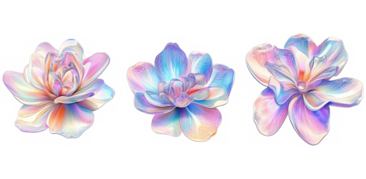 Colorful Abstract purple 3d fluid metallic holographic colored shape png cutout transparent background blossoms displaying unique petal patterns and colors 