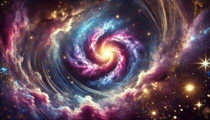 Swirling colorful nebulae creating cosmic vortex amid glittering starry deep space background, revealing astronomical beauty