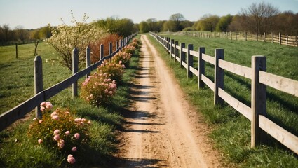 Obraz premium A dirt trail winds through the countryside, bordered by a weathered wooden fence and vibrant flowering shrubs. Springtime background. 