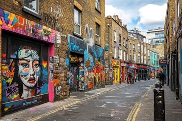 Naklejka premium Graffiti art in Brick Lane London UK. Vintage shopping.