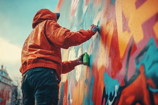 Urban artist creates colorful graffiti mural with green spray paint.