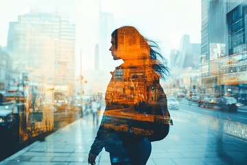 Street photography of a woman walking in the city through modern collage and double exposure art