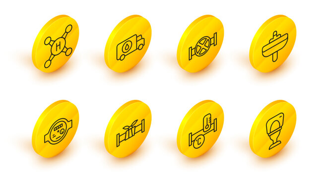 Set line Toilet bowl, Industry metallic pipe, Water meter, Washbasin, and valve, Plumber service car and tap icon. Vector