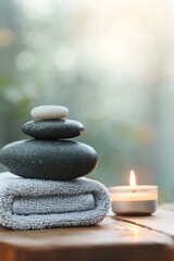 Zen stones stacked close up on wooden table with towel and candle against natural background - Meditation and relaxation setting
