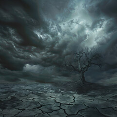 Desolate Landscape Under Dark Sky Symbolizing Hate and Isolation in a Barren, Lifeless World