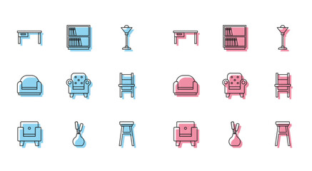 Set line Armchair, Vase, Office desk, Chair, and Library bookshelf icon. Vector