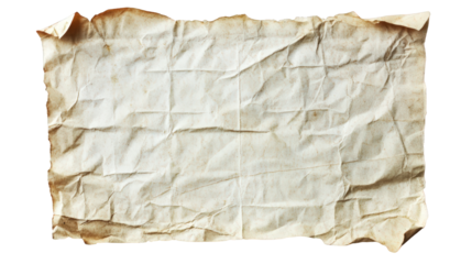 Crumpled old empty paper sheet with burned edges isolated on transparent background, providing vintage texture for designs