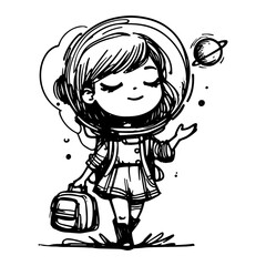black and white vector illustration of a child astronaut with a bag in hand-drawn style