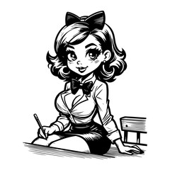 elegant black and white illustration of a pin-up girl in vintage style