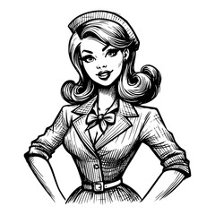 detailed monochrome artwork of a classic pin-up girl with a confident pose
