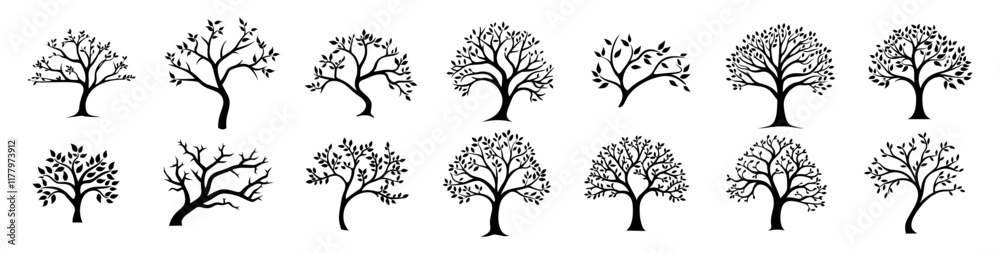 Wall mural set of stylized vector tree outlines with diverse shapes and simple line art