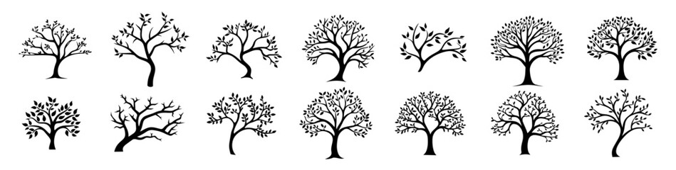 Obraz premium set of stylized vector tree outlines with diverse shapes and simple line art