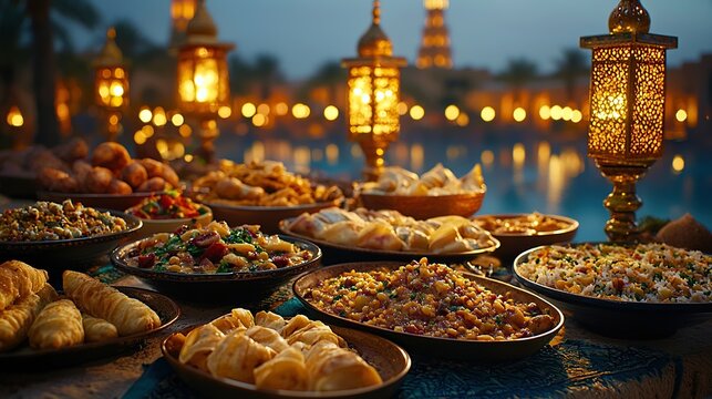 Middle Eastern buffet by pool at night with lit lanterns.
