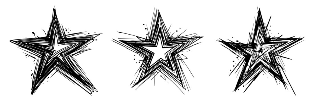 black and white illustration of three abstract stars with dynamic lines