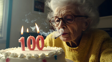 Humorous portrait of a centenarian woman celebrating her 100th birthday with candlelight cake smoking a cigarette