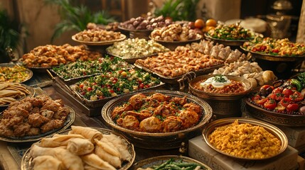 Middle Eastern buffet spread on table in ornate room, ready for feast.