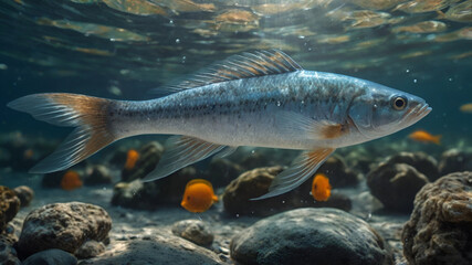 Fototapeta premium Aquatic plants and soft light emphasize the grace of the fish.