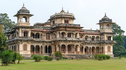 Fototapeta premium Majestic Indian palace exterior with garden, clear sky background.