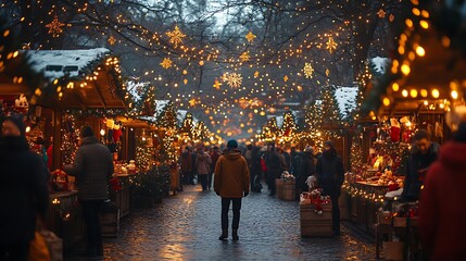 Fototapeta premium Warm and inviting christmas market with seasonal treats and gifts image
