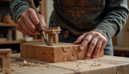 Woodworker carving intricate designs with precision in a rustic workshop